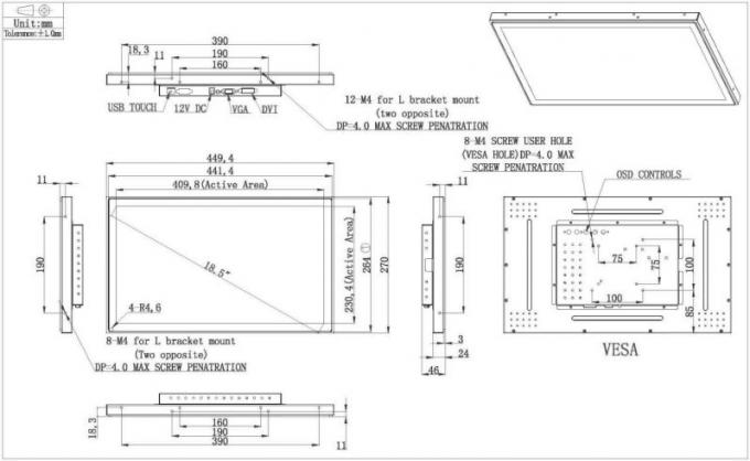 18.5 Inch PCAP Touch Monitor 400cd/M2 16:9 Ratio VGA DVI Interfaces 0